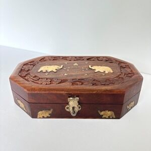 Vintage Octagon Wooden Jewelry Trinket Box Brass Wood‎ Elephant Hinge Carved